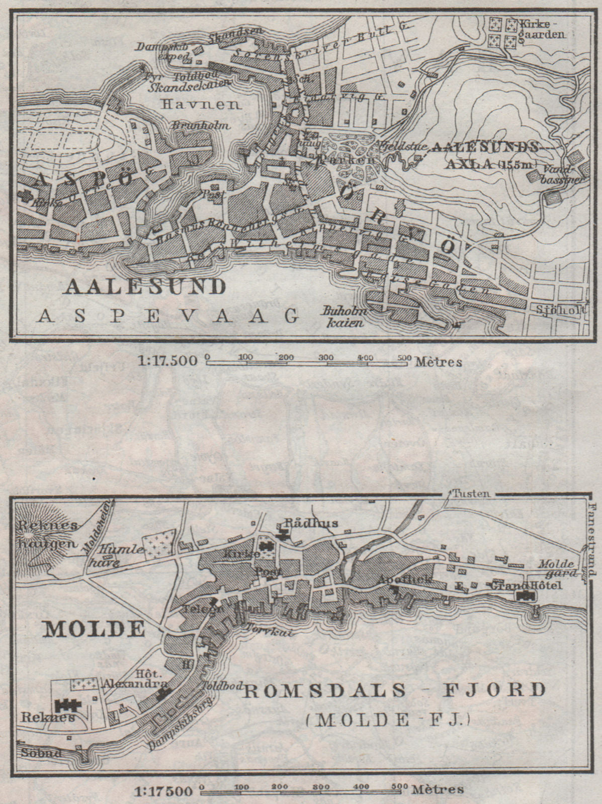 ALESUND & MOLDE antique town city byplans. Norway kart. BAEDEKER. SMALL 1909 map